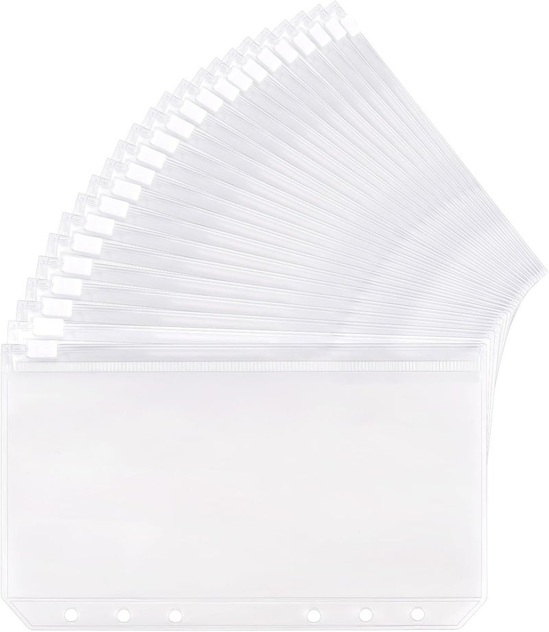 acDesign 24 Pcs Binder Pocket A6 Binder Pockets 6 Holes Zipper Folders Waterproof PVC Document Pouch Filing Bags(Clear) - Image 1